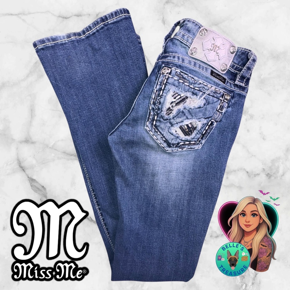 Miss Me Jeans‎ Women's 25 Boot cut Studded Sequin Low Rise Flare 26x33 Stretch